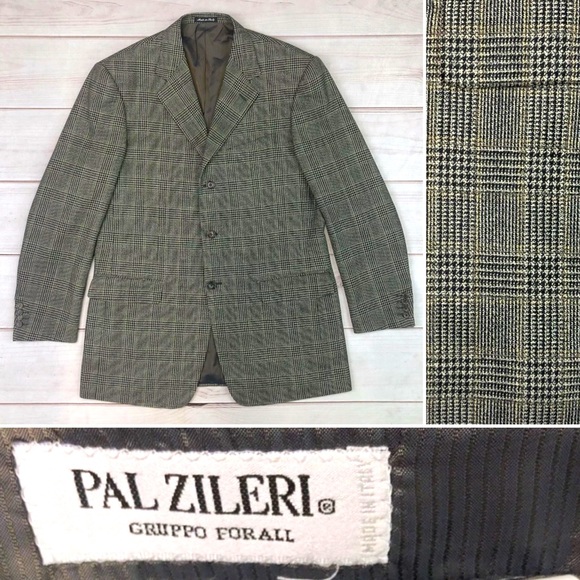 Pal Zileri Men’s US 42L Windowpane Plaid Wool Tweed Bespoke Blazer Jacket EU 52L